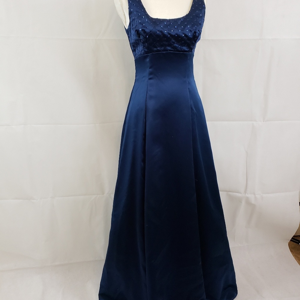 Navy satin evening gown long prom dress